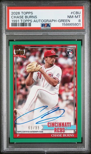 A graded 1991 Topps baseball autograph card of Chase Burns, encapsulated in a PSA holder. The card features a green border, a red header, and a blue autograph signature across the bottom.