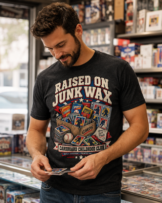 A man wearing a black graphic t-shirt with a vintage-style 'Raised on Junk Wax' card club design, standing in a card store and looking down at cards in his hands.