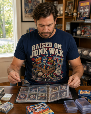 A man wearing a navy blue graphic t-shirt with 'RAISED ON JUNK WAX' and 'CARDBOARD CHILDHOOD CLUB' printed on the front, sitting at a wooden table and looking through a binder of baseball trading cards in a collector's room.