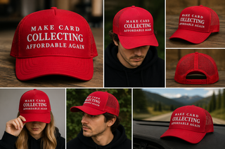 Red cap with 'Make Card Collecting Affordable Again' text worn by a person outdoors.