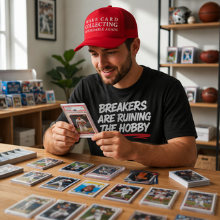 Man wearing a red cap and black t-shirt with card collecting-themed text, holding sports trading cards in a room with shelves and plants.