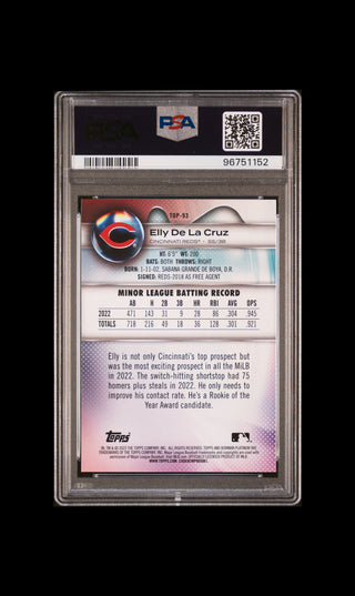Back of 2023 Bowman Platinum Elly De La Cruz Top Prospects #TOP93 PSA 10 graded baseball card
