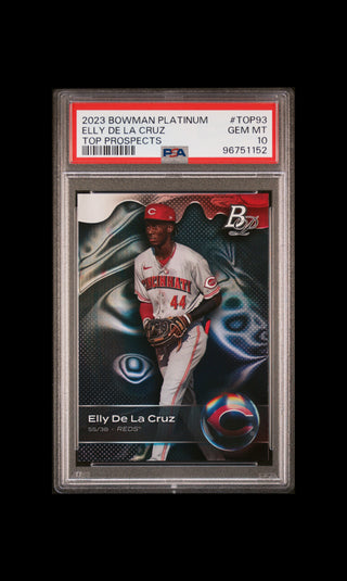 2023 Bowman Platinum Elly De La Cruz Top Prospects #TOP93 PSA 10 graded baseball card front
