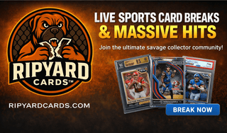 Advertisement for Ripyard Cards with sports trading cards and promotional text on a dark background.