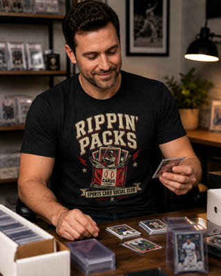 A man wearing a black graphic t-shirt with 'Rippin' Packs' printed on the front, sitting at a wooden table and handling sports trading cards in a card collection setting.