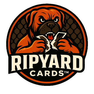 Logo of Ripyard Cards with a dog holding cards on a white background