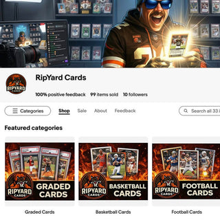 RipYard Cards storefront with a person holding a trading card and various card categories displayed.