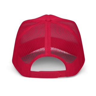 Back view of red mesh trucker hat with adjustable snapback closure