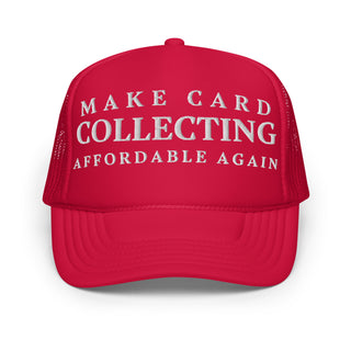 Trading card collector wearing red “Make Card Collecting Affordable Again” hat while opening sports cards