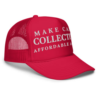 Side angle view of red trucker hat with embroidered “Make Card Collecting Affordable Again” text
