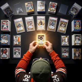 Person holding a glowing trading card above a collection of sports trading cards on a dark surface.