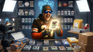 Person in a trading card store holding a glowing card, surrounded by shelves with collectibles and equipment.