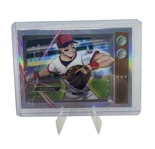 A collectible baseball trading card featuring an illustrated player named Gazzana, displayed inside a clear protective plastic case on a small clear stand against a white background.
