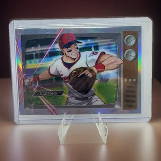 A collectible baseball trading card featuring an anime-style illustration of Gazzana, displayed inside a clear retro television-style case on a small clear stand against a dark brown background.