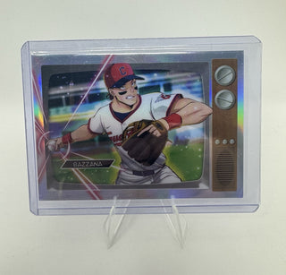 A baseball trading card featuring an illustrated player named Gazzana, displayed inside a clear protective case on a small clear stand against a plain light background.