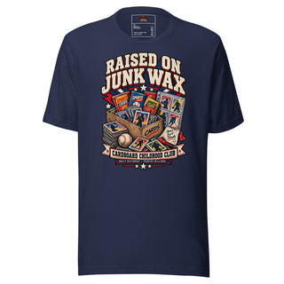 Raised on Junk Wax sports card collector shirt in Navy
